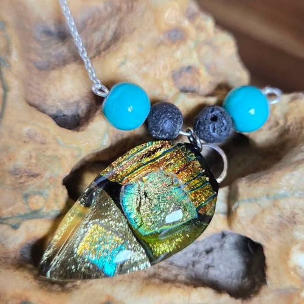 Handmade Aromatherapy Necklace Dichroic Glass Turquoise Lava Bead 20 Inch Boho - Picture 2 of 6